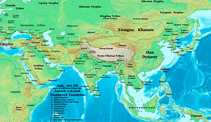 Map of Asia around the turn of the Common Era,  showing the Kangly (Kangju) territory in what is now Kazakhstan.